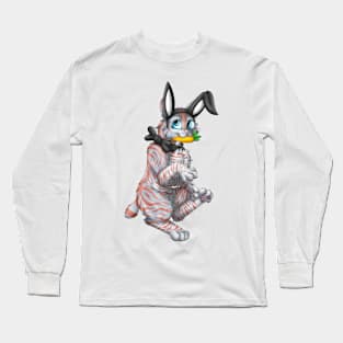 Bobtail BunnyCat: Red On Blue Tabby (Black) Long Sleeve T-Shirt